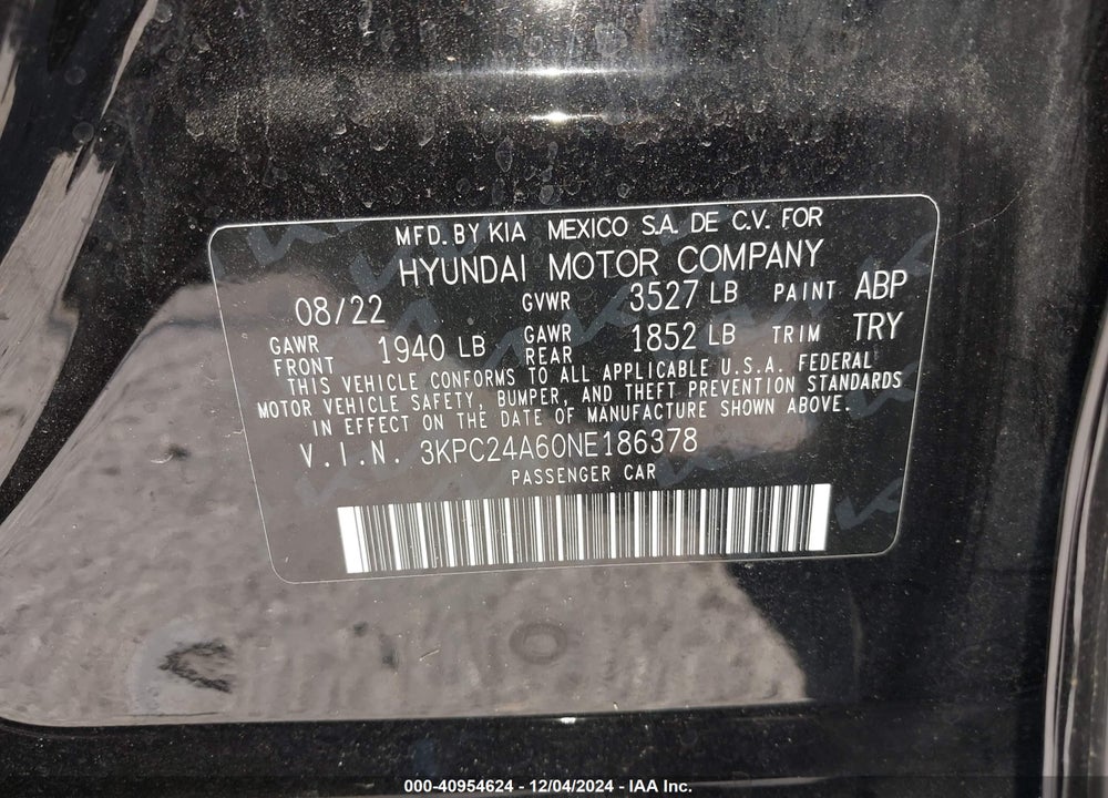2022 HYUNDAI ACCENT SE VIN: 3KPC24A60NE186378