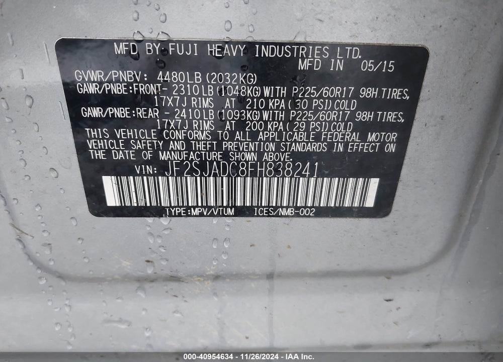 2015 SUBARU FORESTER 2.5I PREMIUM VIN: JF2SJADC8FH838241