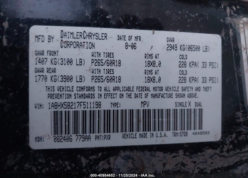 2007 CHRYSLER ASPEN LIMITED VIN: 1A8HX58217F511198