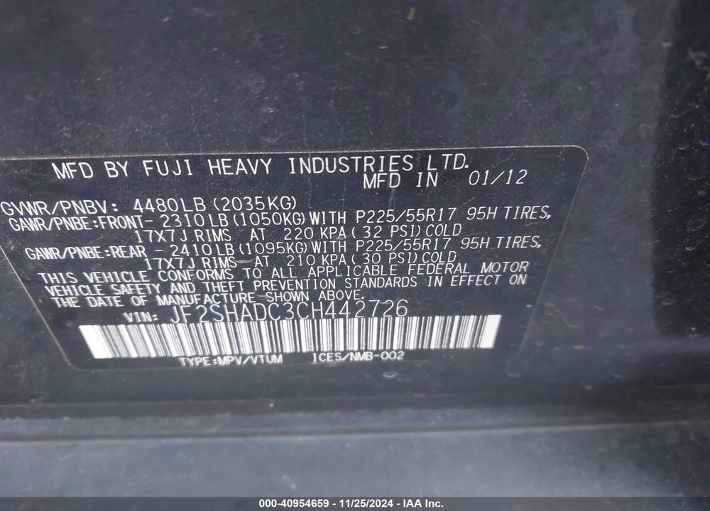 2012 SUBARU FORESTER 2.5X PREMIUM VIN: JF2SHADC3CH442726
