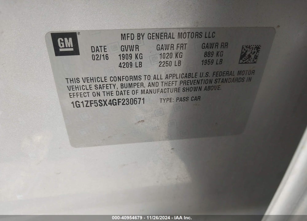 2016 CHEVROLET MALIBU 2LT VIN: 1G1ZF5SX4GF230671