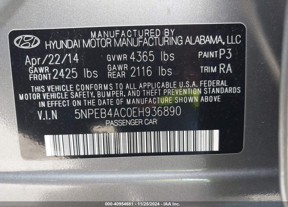 2014 HYUNDAI SONATA GLS VIN: 5NPEB4AC0EH936890