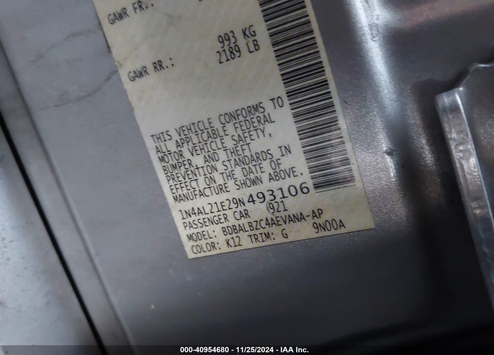 2009 NISSAN ALTIMA VIN: 1N4AL21E29N493106