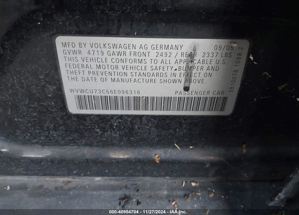 2006 VOLKSWAGEN PASSAT VIN: WVWCU73C56E096316