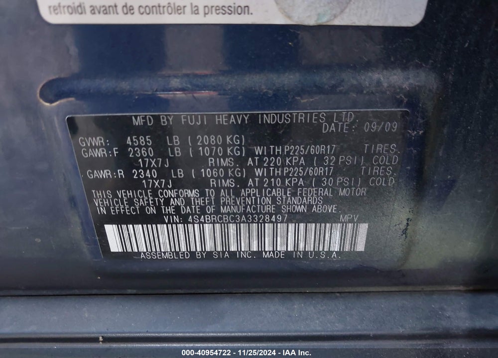 2010 SUBARU OUTBACK 2.5I PREMIUM VIN: 4S4BRCBC3A3328497