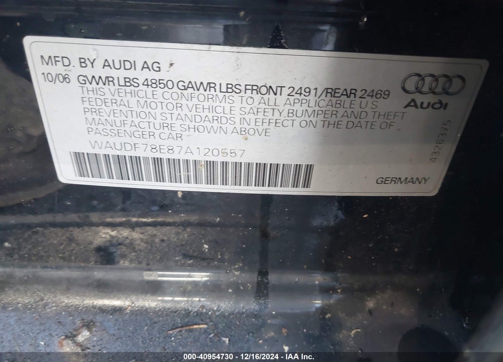 2007 AUDI A4 2.0T VIN: WAUDF78E87A120557
