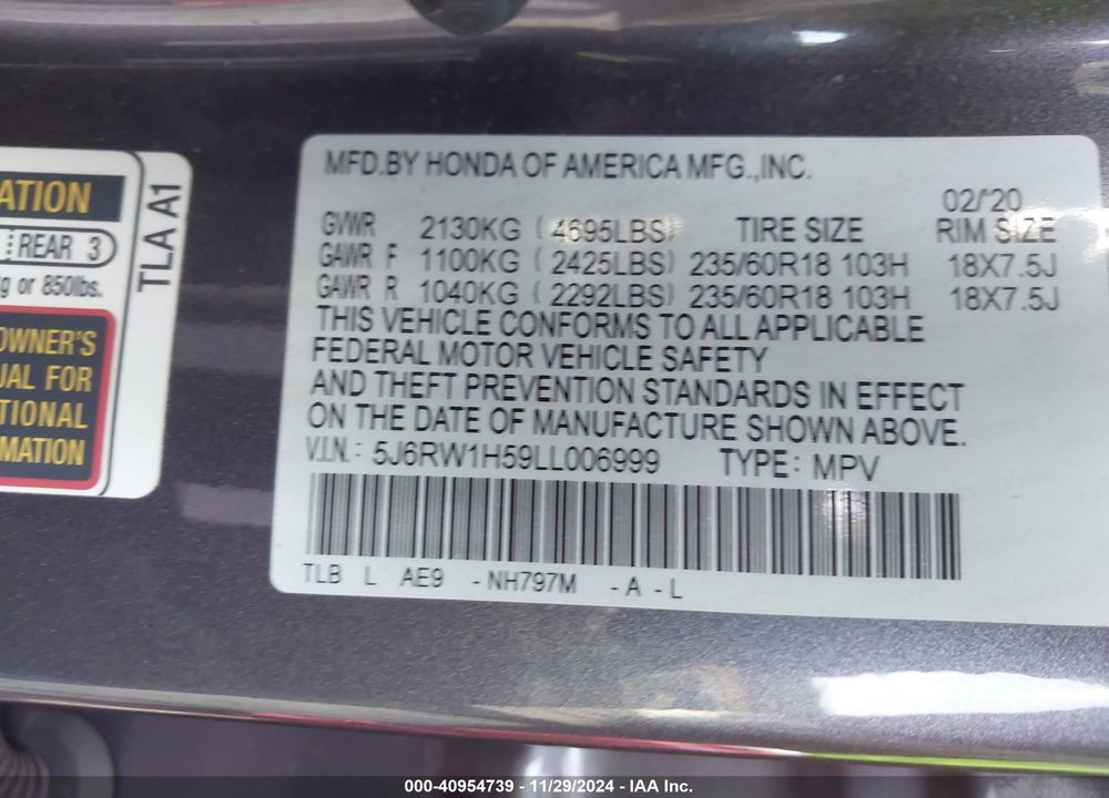 2020 HONDA CR-V 2WD EX VIN: 5J6RW1H59LL006999