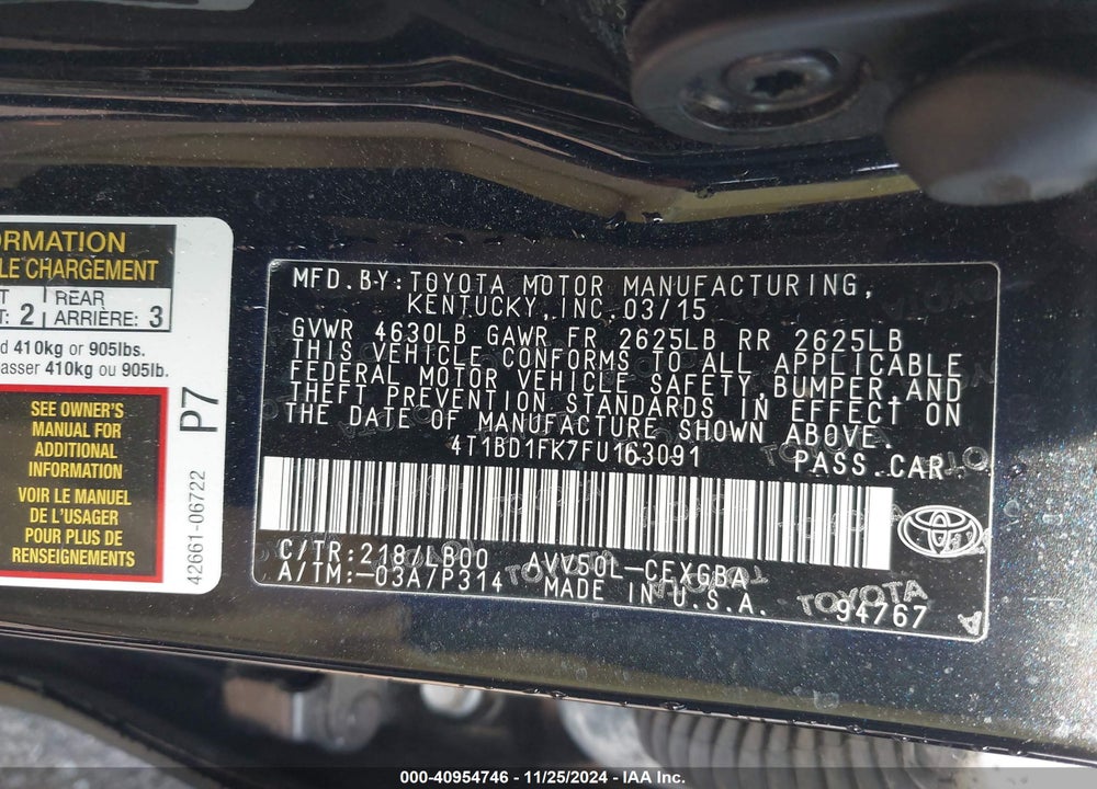 2015 TOYOTA CAMRY HYBRID VIN: 4T1BD1FK7FU163091