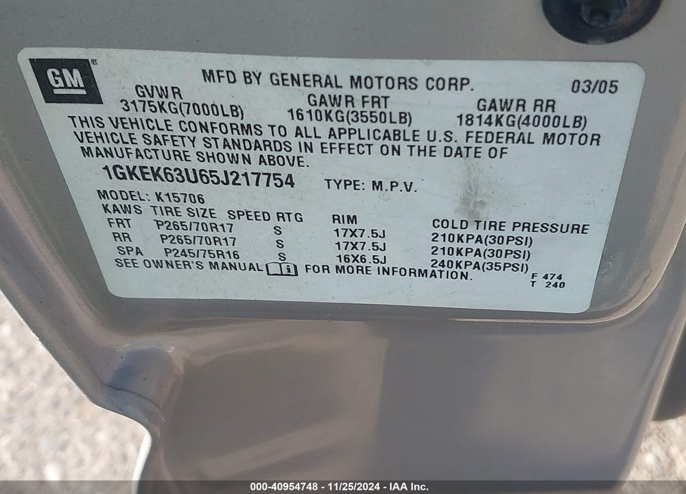 2005 GMC YUKON DENALI VIN: 1GKEK63U65J217754