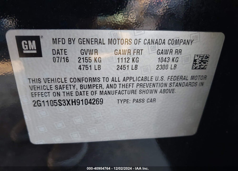 2017 CHEVROLET IMPALA 1LT VIN: 2G1105S3XH9104269