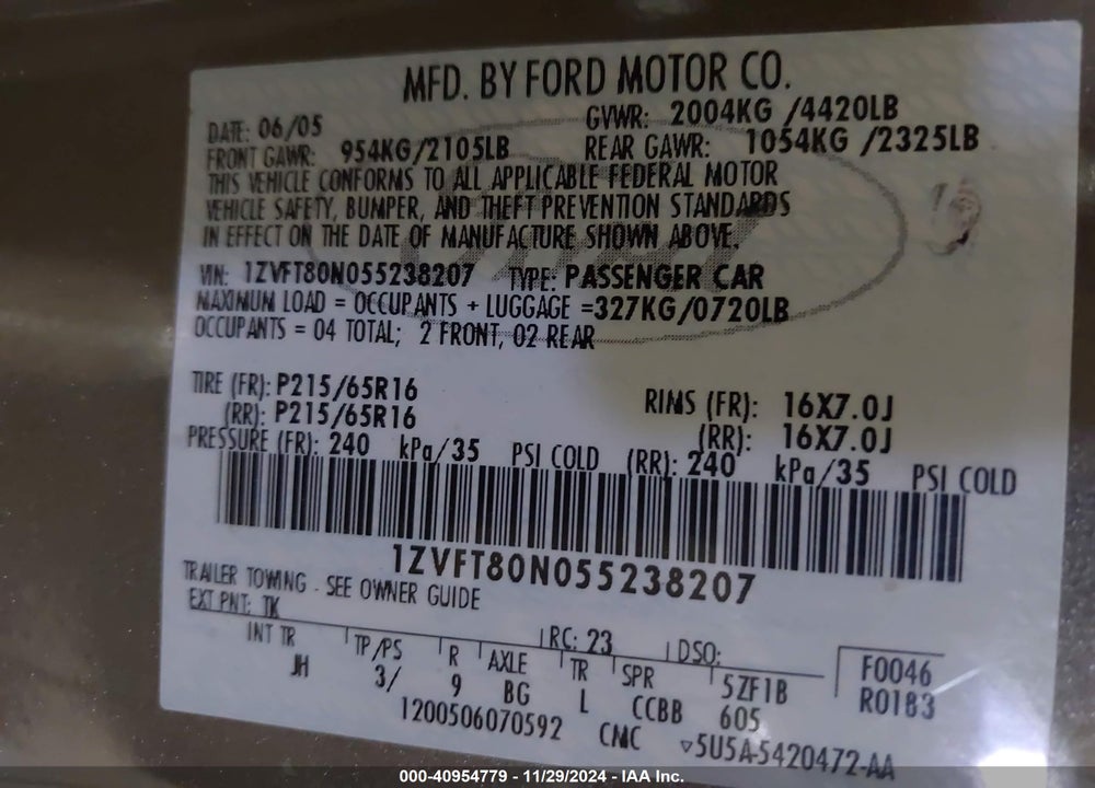2005 FORD MUSTANG V6 DELUXE/V6 PREMIUM VIN: 1ZVFT80N055238207