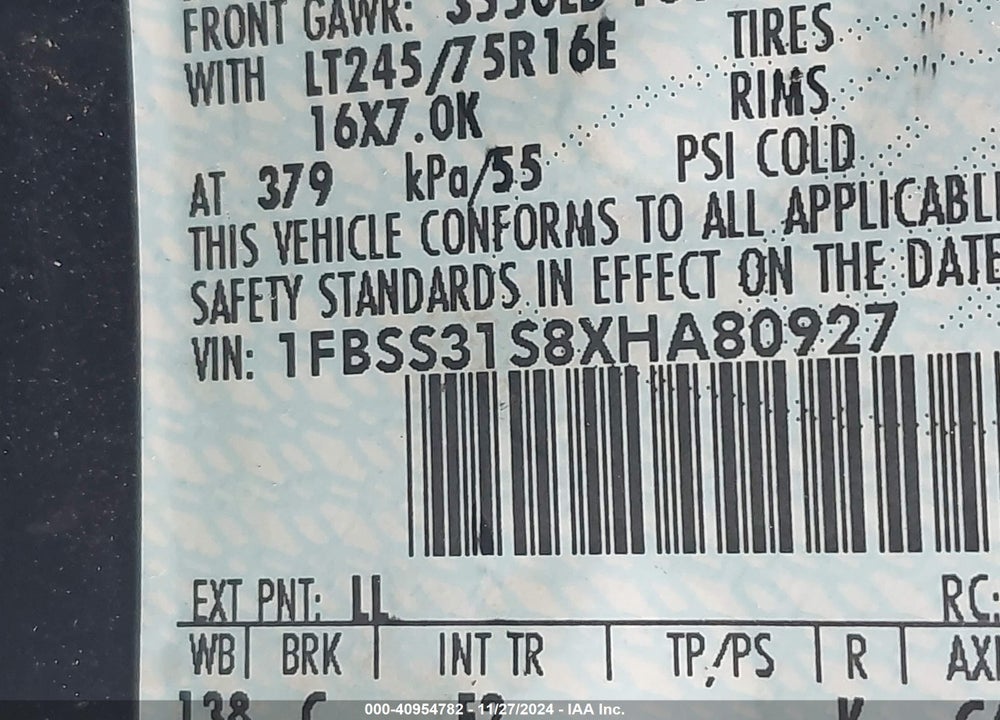 1999 FORD E-350 SUPER DUTY XL/XLT VIN: 1FBSS31S8XHA80927