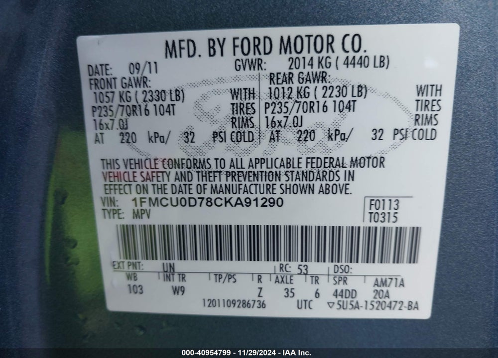 2012 FORD ESCAPE XLT VIN: 1FMCU0D78CKA91290