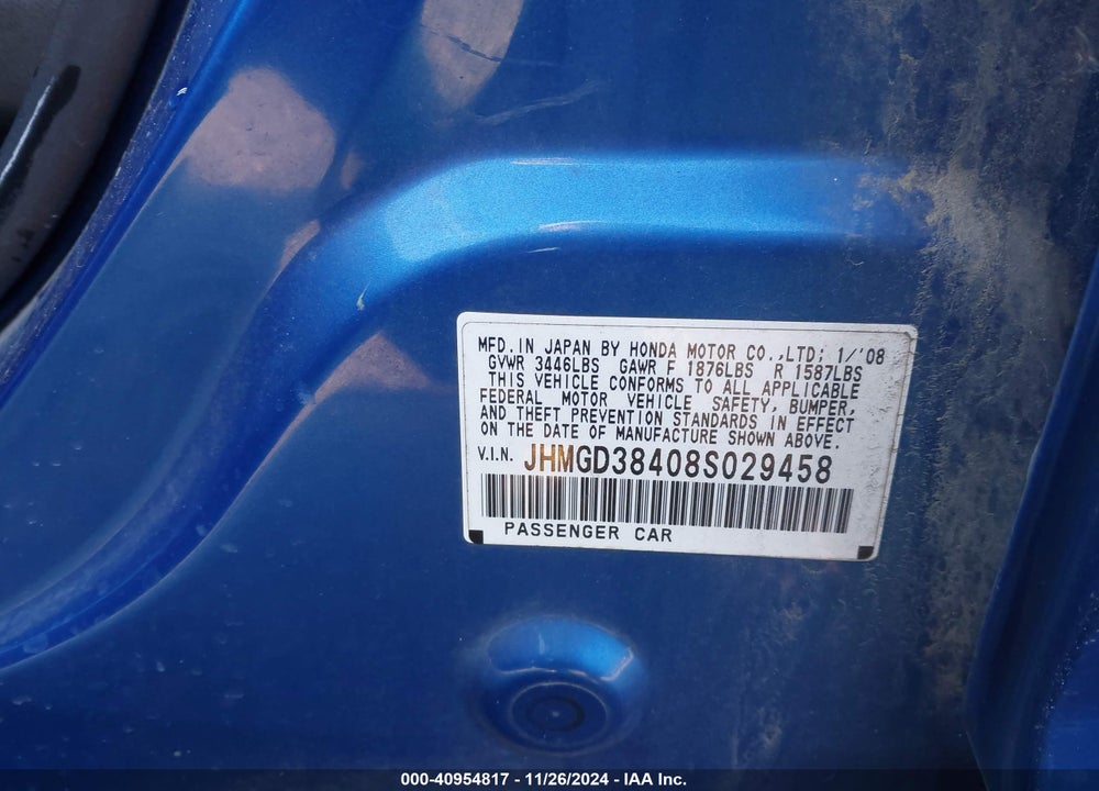 2008 HONDA FIT VIN: JHMGD38408S029458