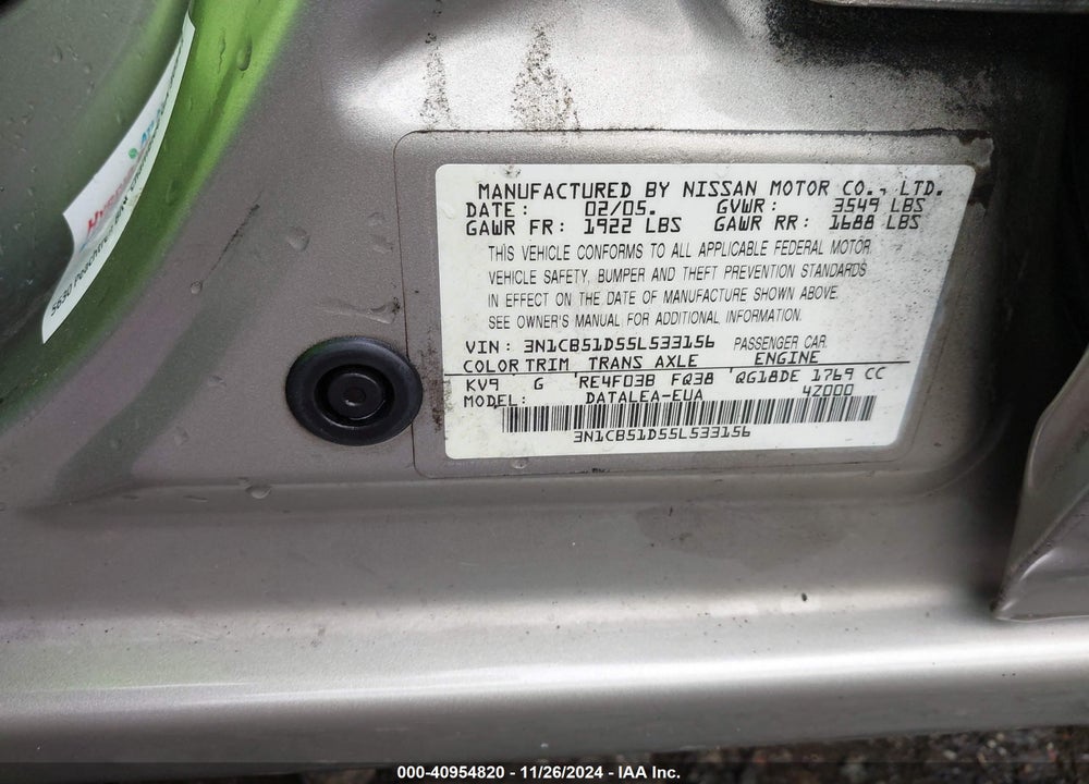 2005 NISSAN SENTRA VIN: 3N1CB51D55L533156