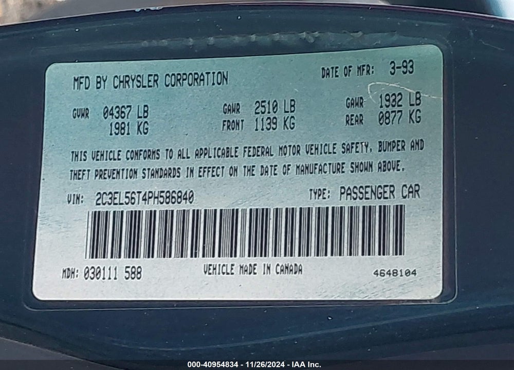 1993 CHRYSLER CONCORDE VIN: 2C3EL56T4PH586840