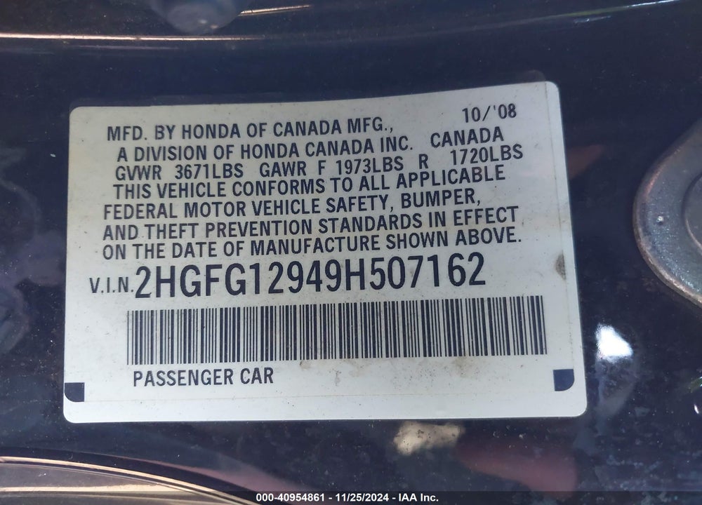 2009 HONDA CIVIC EX-L VIN: 2HGFG12949H507162