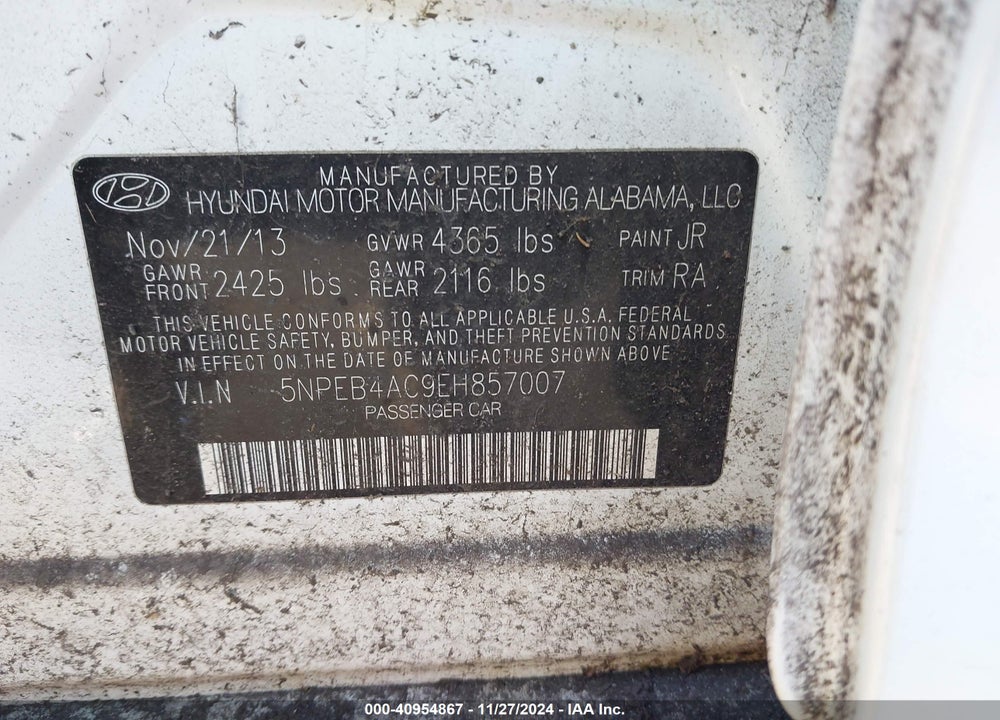 2014 HYUNDAI SONATA GLS VIN: 5NPEB4AC9EH857007