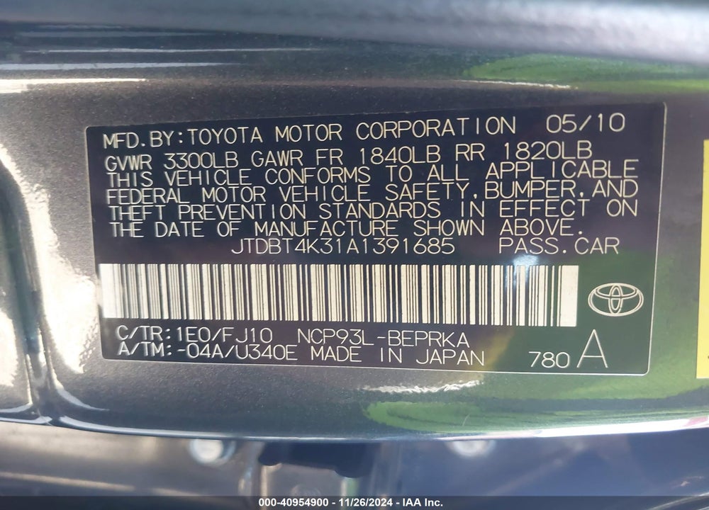 2010 TOYOTA YARIS VIN: JTDBT4K31A1391685