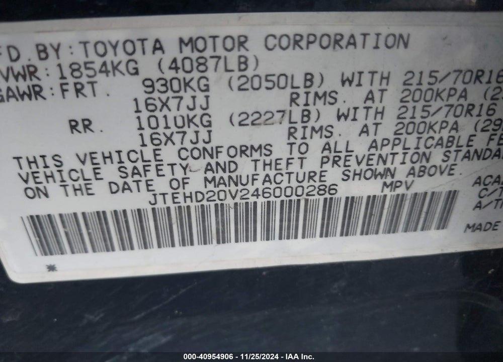 2004 TOYOTA RAV4 VIN: JTEHD20V246000286