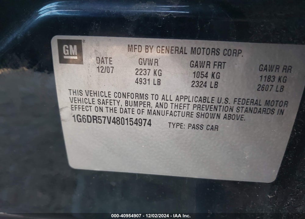 2008 CADILLAC CTS STANDARD VIN: 1G6DR57V480154974