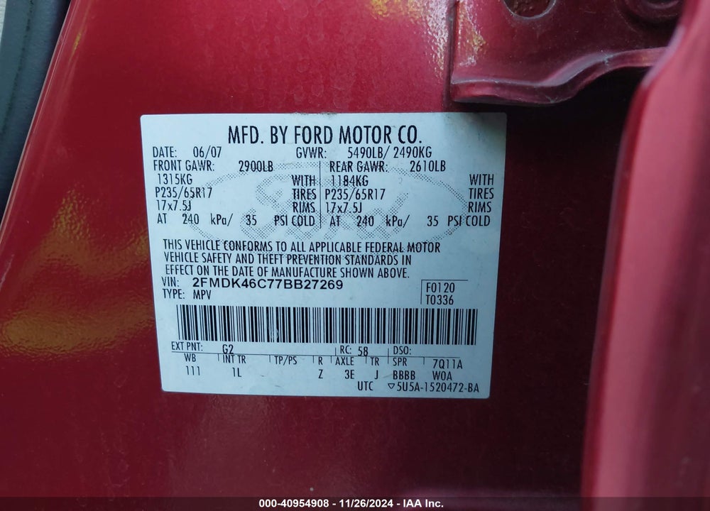 2007 FORD EDGE SE VIN: 2FMDK46C77BB27269