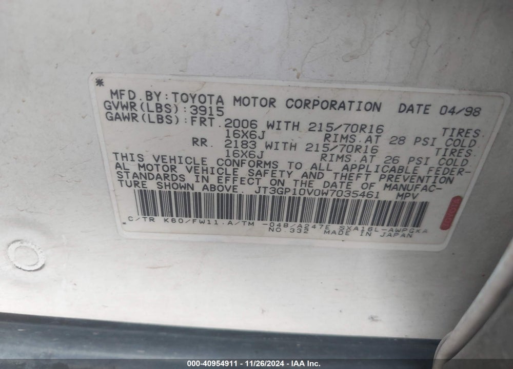 1998 TOYOTA RAV4 VIN: JT3GP10V0W7035461