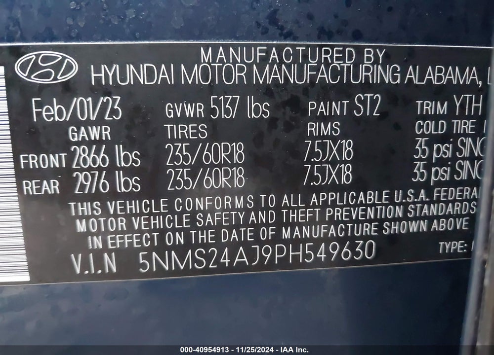 2023 HYUNDAI SANTA FE SEL VIN: 5NMS24AJ9PH549630
