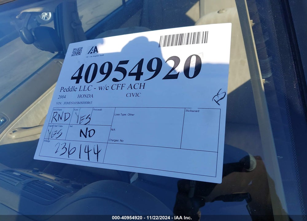 2004 HONDA CIVIC LX VIN: JHMES16584S000863