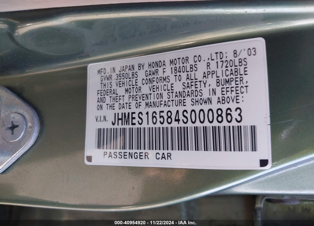 2004 HONDA CIVIC LX VIN: JHMES16584S000863