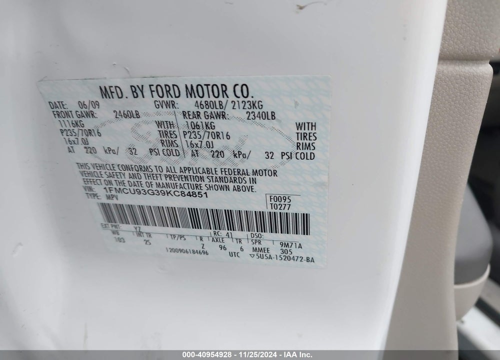 2009 FORD ESCAPE XLT VIN: 1FMCU93G39KC84851