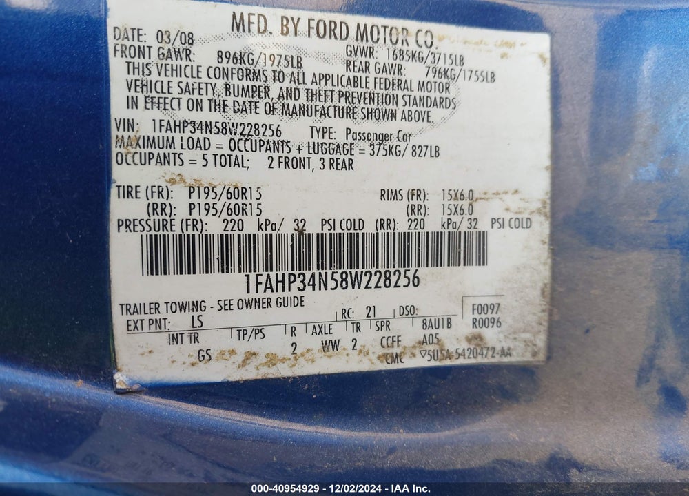 2008 FORD FOCUS S VIN: 1FAHP34N58W293009