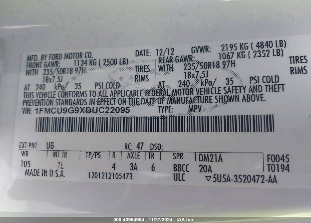 2013 FORD ESCAPE SE VIN: 1FMCU9G9XDUC22095