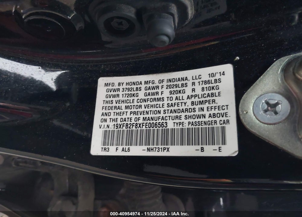 2015 HONDA CIVIC EX VIN: 19XFB2F8XFE006563