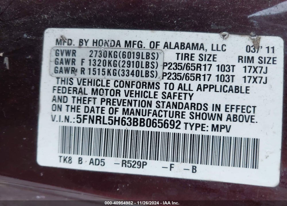 2011 HONDA ODYSSEY EX-L VIN: 5FNRL5H63BB065692