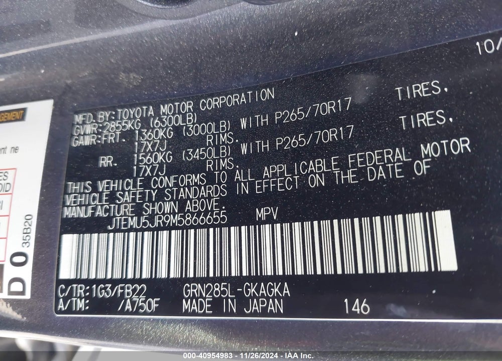 2021 TOYOTA 4RUNNER SR5 VIN: JTEMU5JR9M5866655