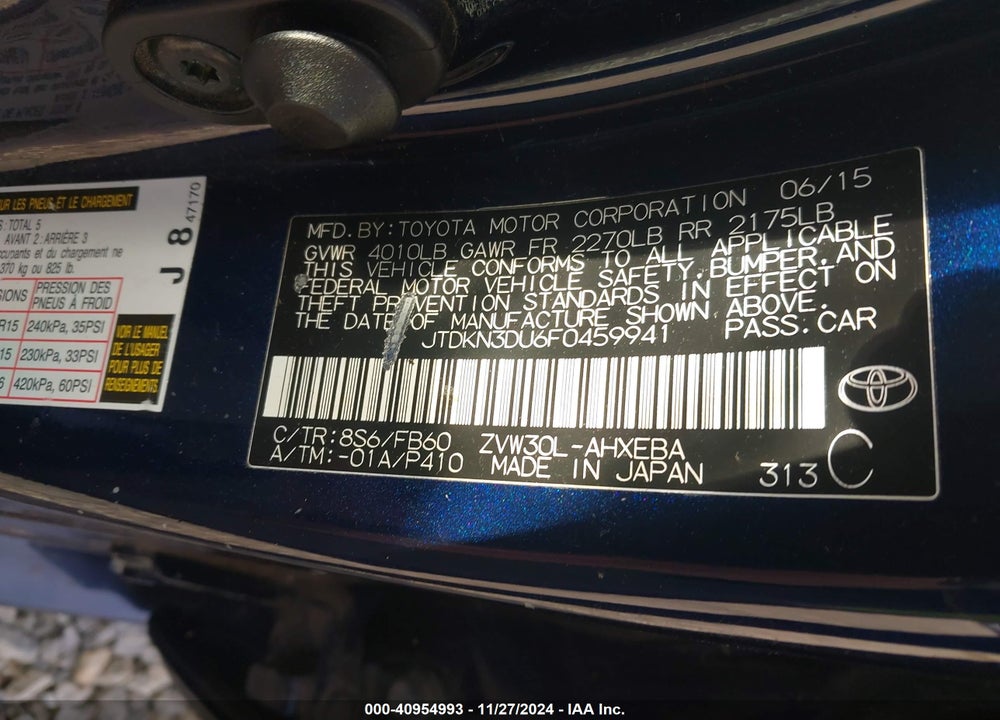 2015 TOYOTA PRIUS VIN: JTDKN3DU6F0459941