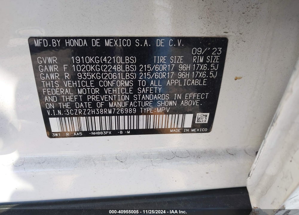 2024 HONDA HR-V AWD LX VIN: 3CZRZ2H38RM726989