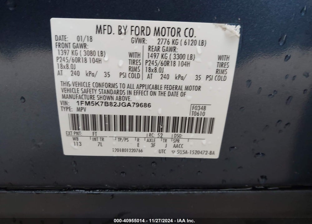 2018 FORD EXPLORER VIN: 1FM5K7B82JGA79686