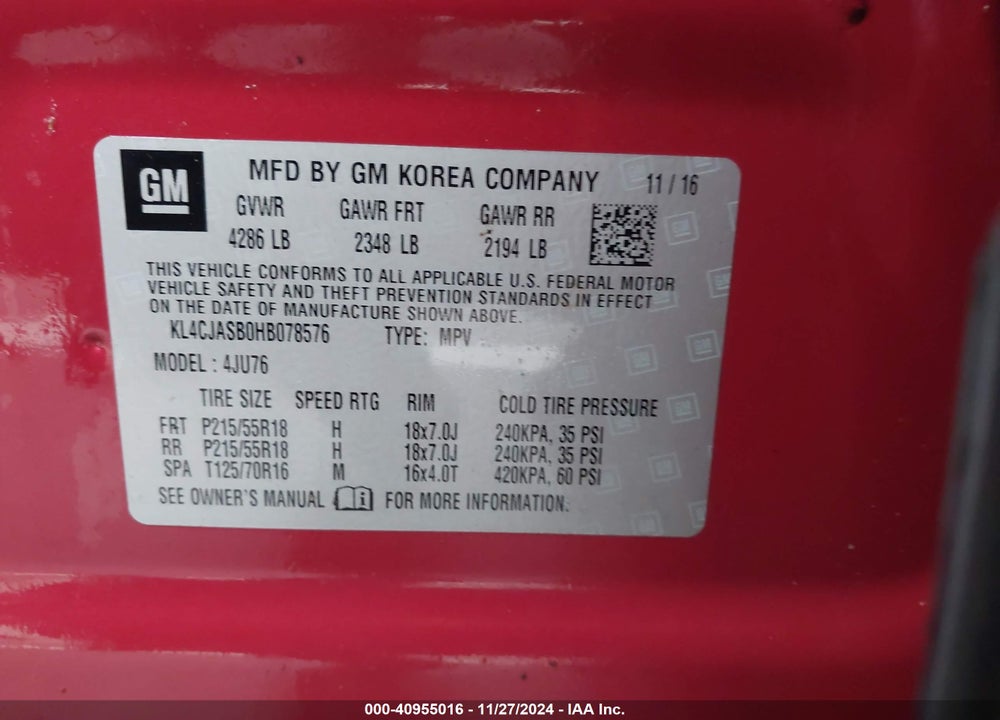 2017 BUICK ENCORE PREFERRED VIN: KL4CJASB0HB078576
