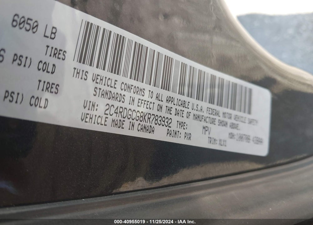 2019 DODGE GRAND CARAVAN SXT VIN: 2C4RDGCG8KR783932