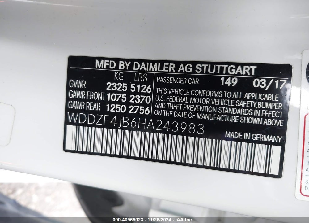 2017 MERCEDES-BENZ E 300 VIN: WDDZF4JB6HA243983