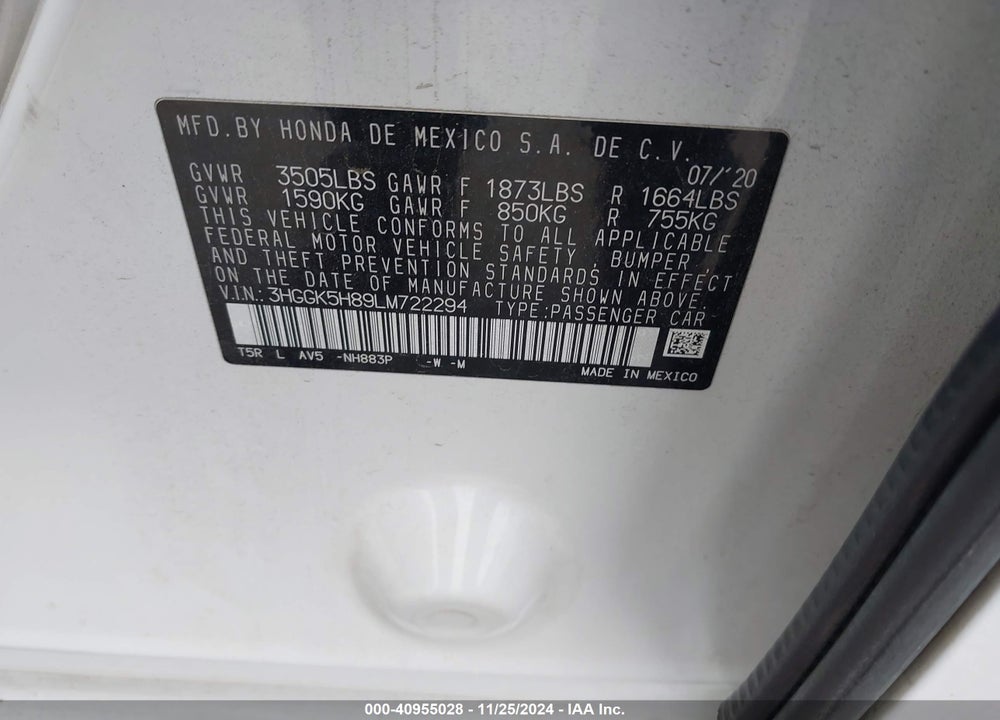 2020 HONDA FIT EX VIN: 3HGGK5H89LM722294