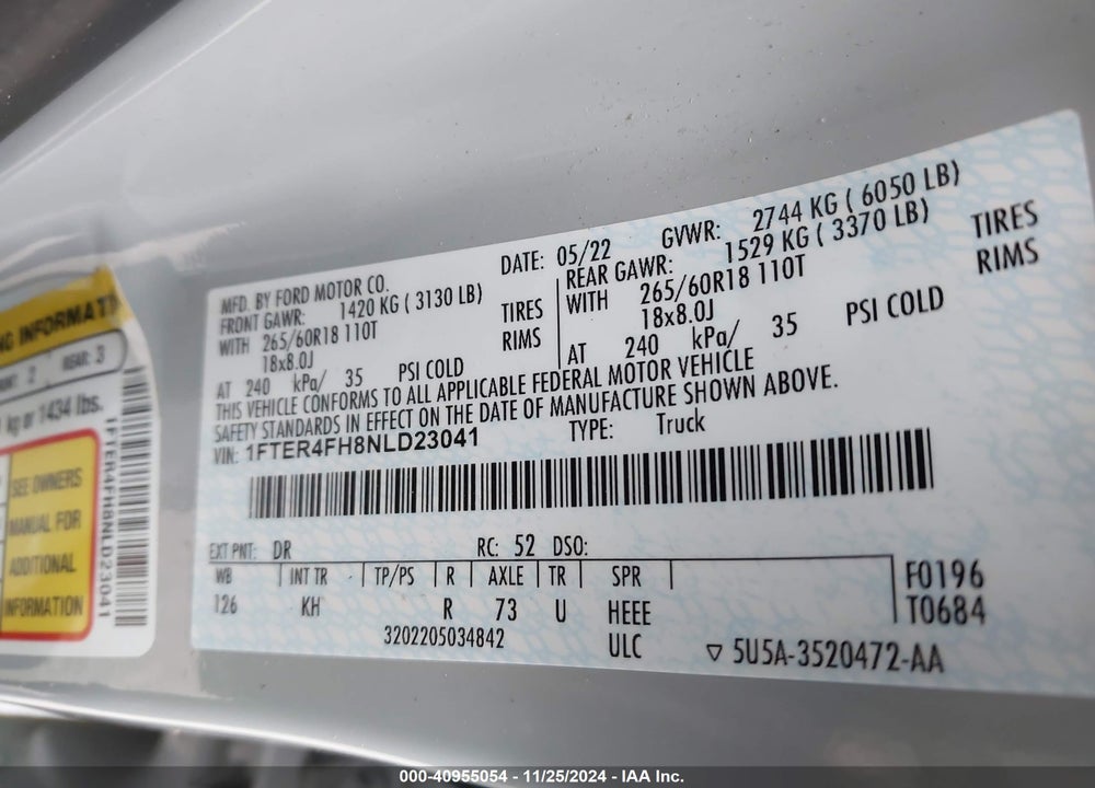 2022 FORD RANGER VIN: 1FTER4FH8NLD23041