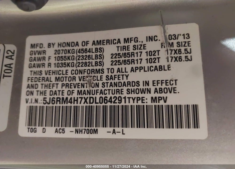 2013 HONDA CR-V EX-L VIN: 5J6RM4H7XDL064291