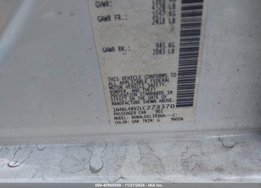 2020 NISSAN ALTIMA S FWD VIN: 1N4BL4BV2LC273370