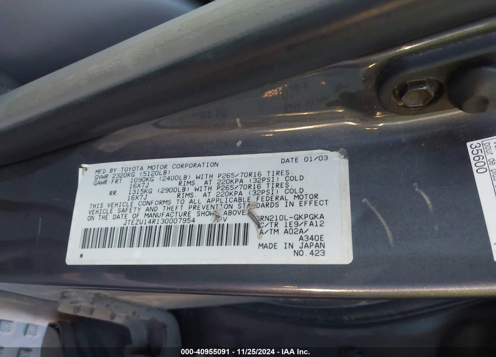 2003 TOYOTA 4RUNNER SR5 V6 VIN: JTEZU14R130007954