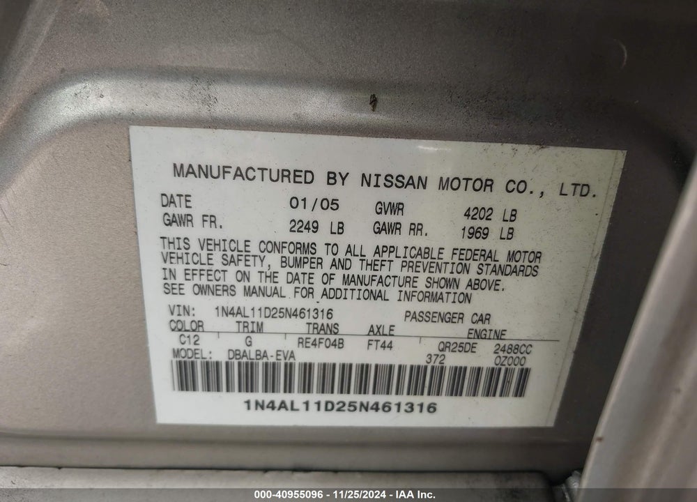 2005 NISSAN ALTIMA 2.5 S VIN: 1N4AL11D25N461316