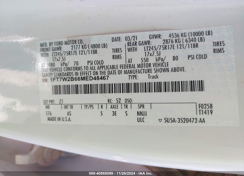 2021 FORD F-250 VIN: 1FT7W2B66MED48467