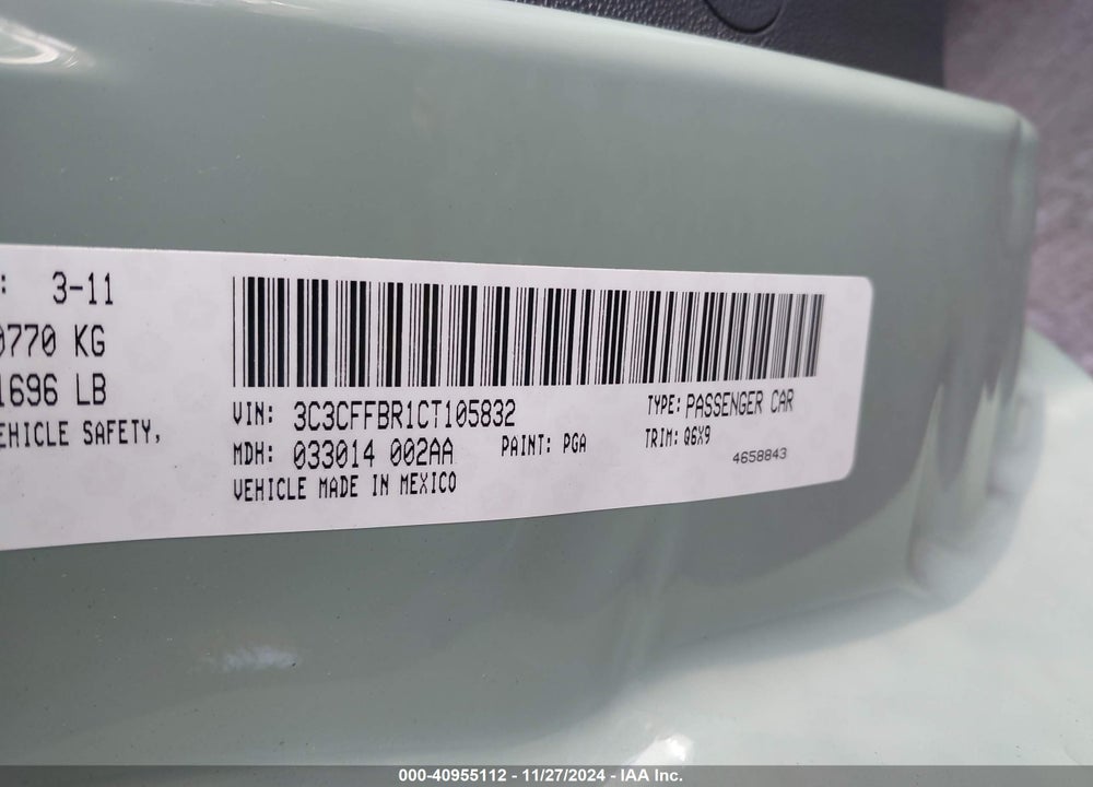 2012 FIAT 500 SPORT VIN: 3C3CFFBR1CT105832